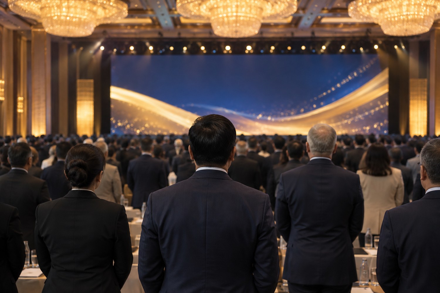 Delegates on their feet in a hotel ballroom for the opening ceremony of a district conference in Dubai