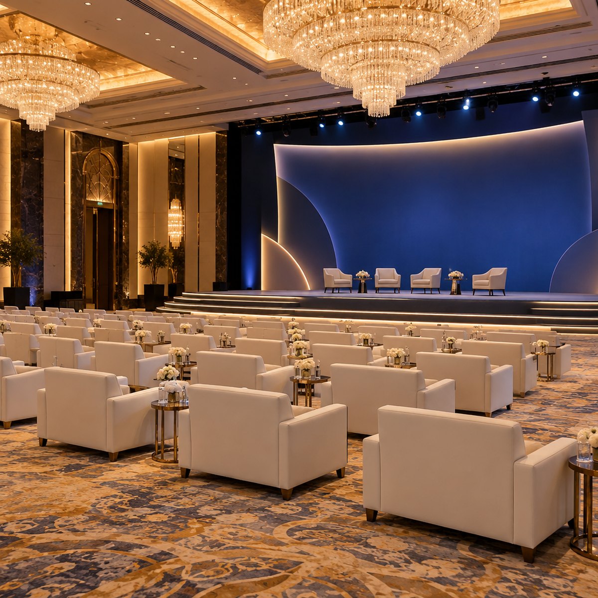 A ballroom set for a conference before doors: white lounge seating under crystal chandeliers