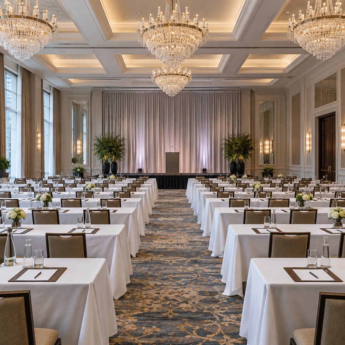 An empty ballroom in classroom layout before doors, white-clothed tables along a central aisle under chandeliers