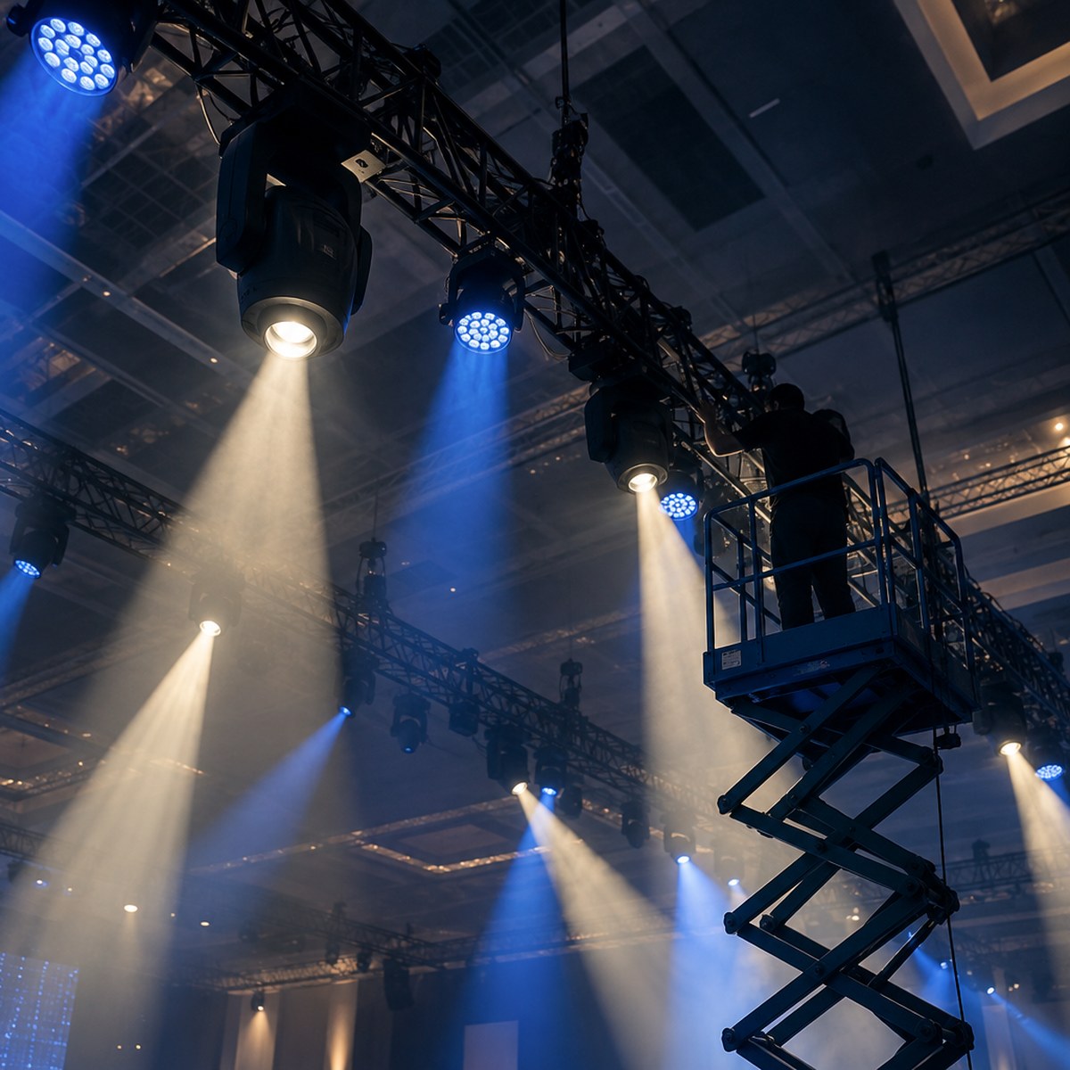 A black lighting truss with moving heads rigged over a conference hall