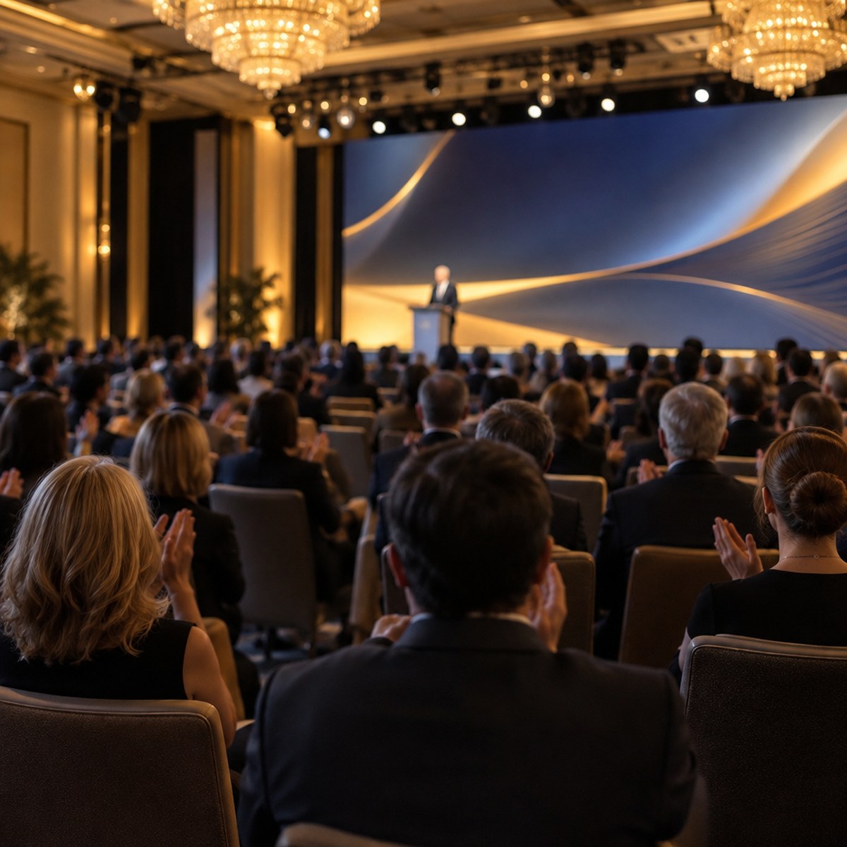 A conference opening session: a speaker at the lectern, flags on stage and a full room applauding