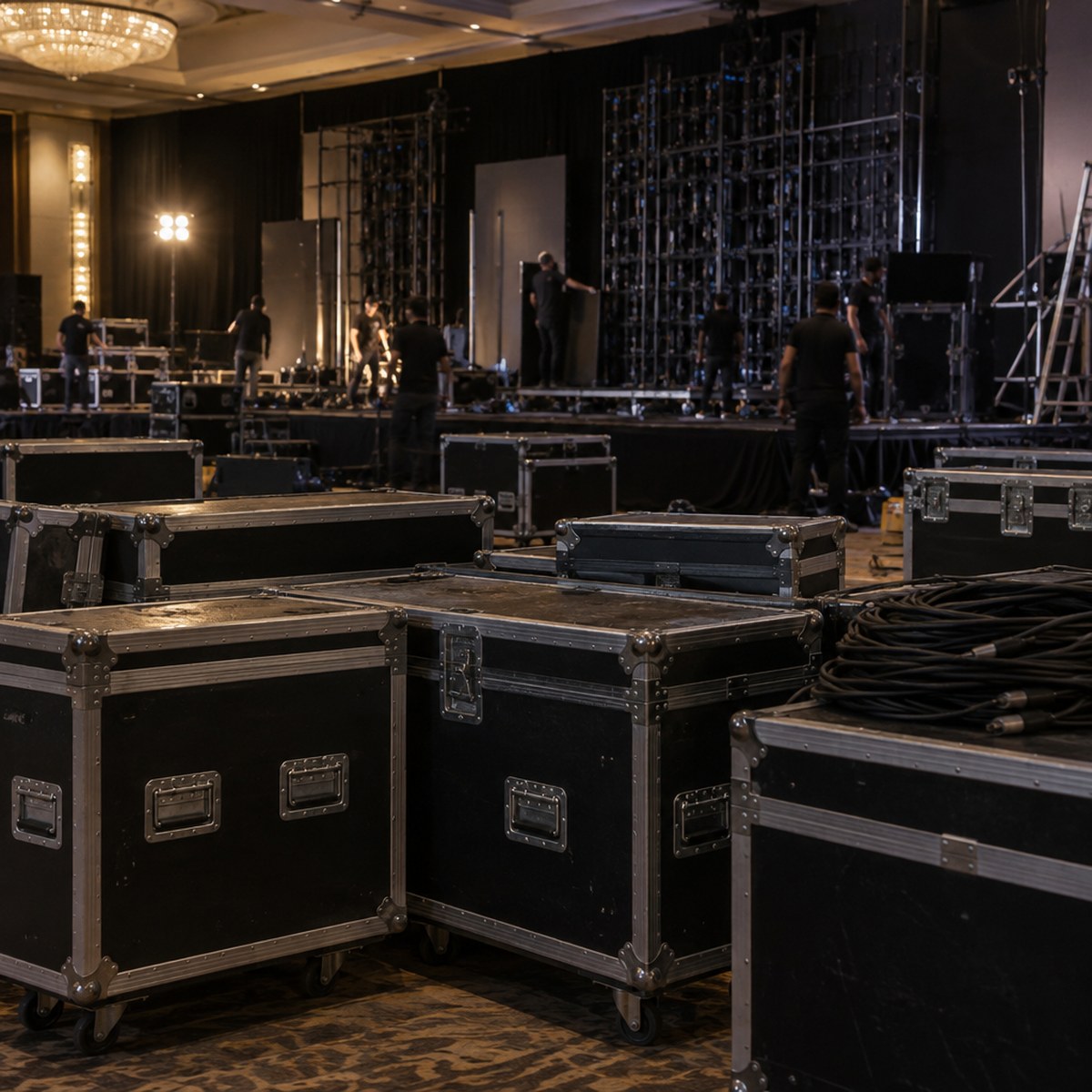 Flight cases packed on the floor at strike, the stage set being taken down behind